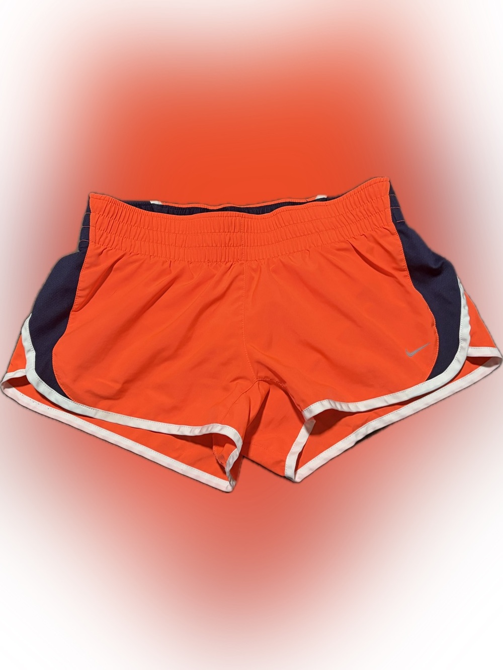 Nike Dri-Fit Women's Bright Orange Navy Blue Athletic Shorts with White Trim